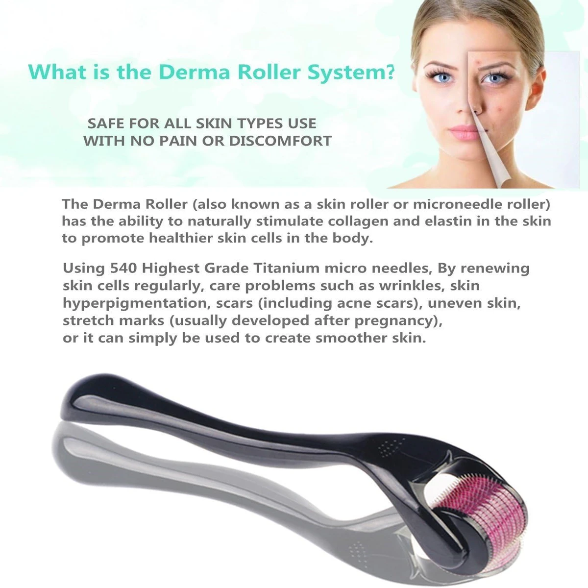 Derma Roller 1mm Cosmetic Needling Instrument For Face Titanium 540 Micro Needles Beauty Massage Tool Home Use Hair Loss Care Stretch Marks Acne Scars and Wrinkles Anti Aging Roller