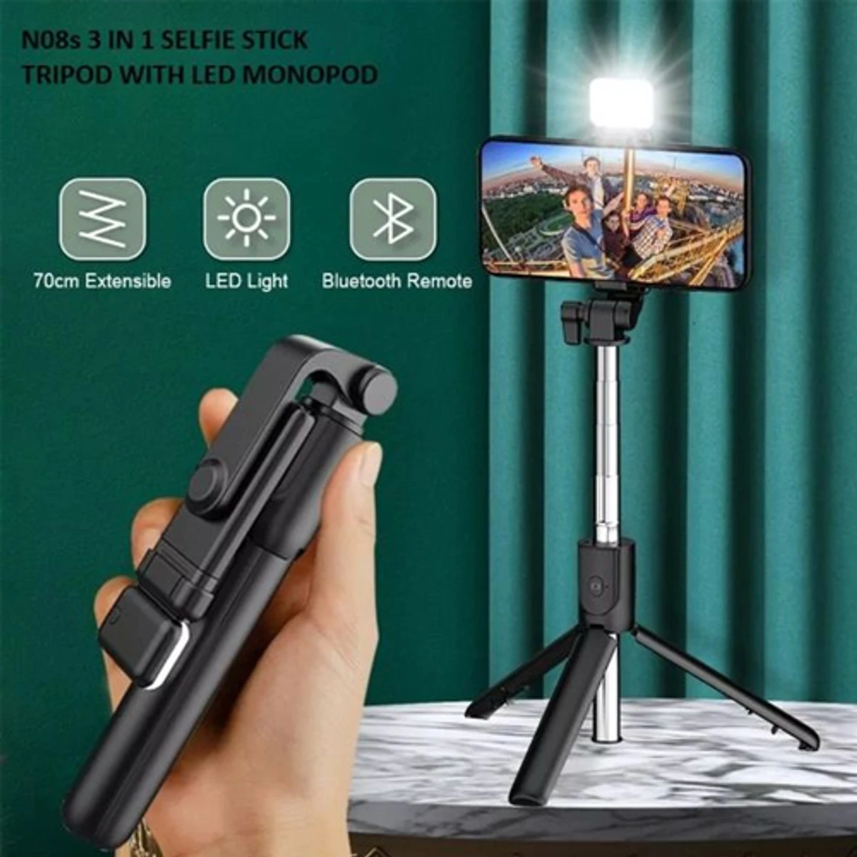 N08S Bluetooth Remote Selfie Stick Tripod With LED