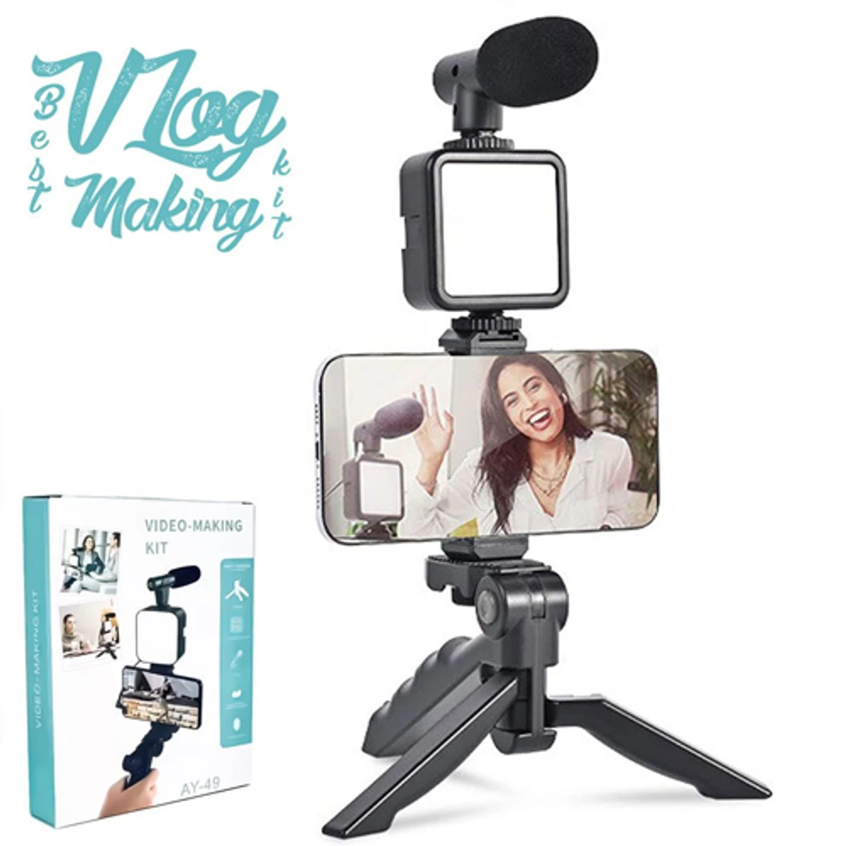 AY-49 Video Vlogger Kits With Microphone & LED Fill Light Mini Tripod