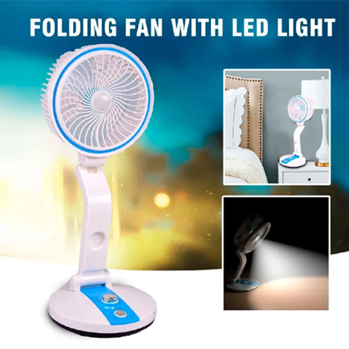 LR Folding Rechargeable Fan With Light (1 Year Warranty )