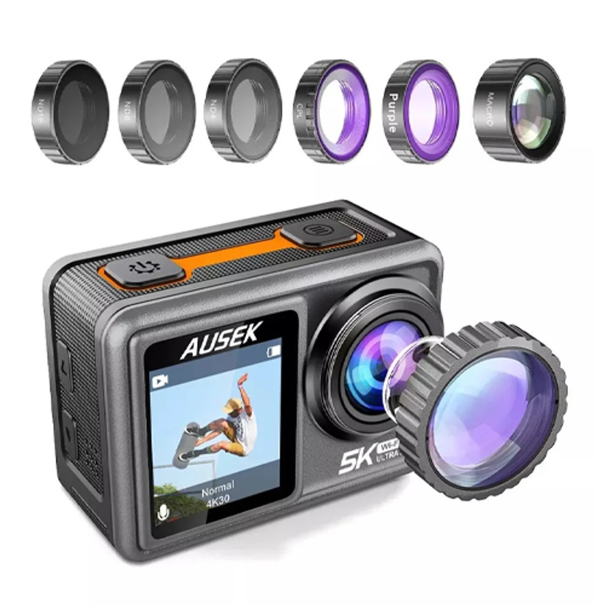 Ausek AT-S81TR Waterproof Dual Display 5K Action Camera With Filter