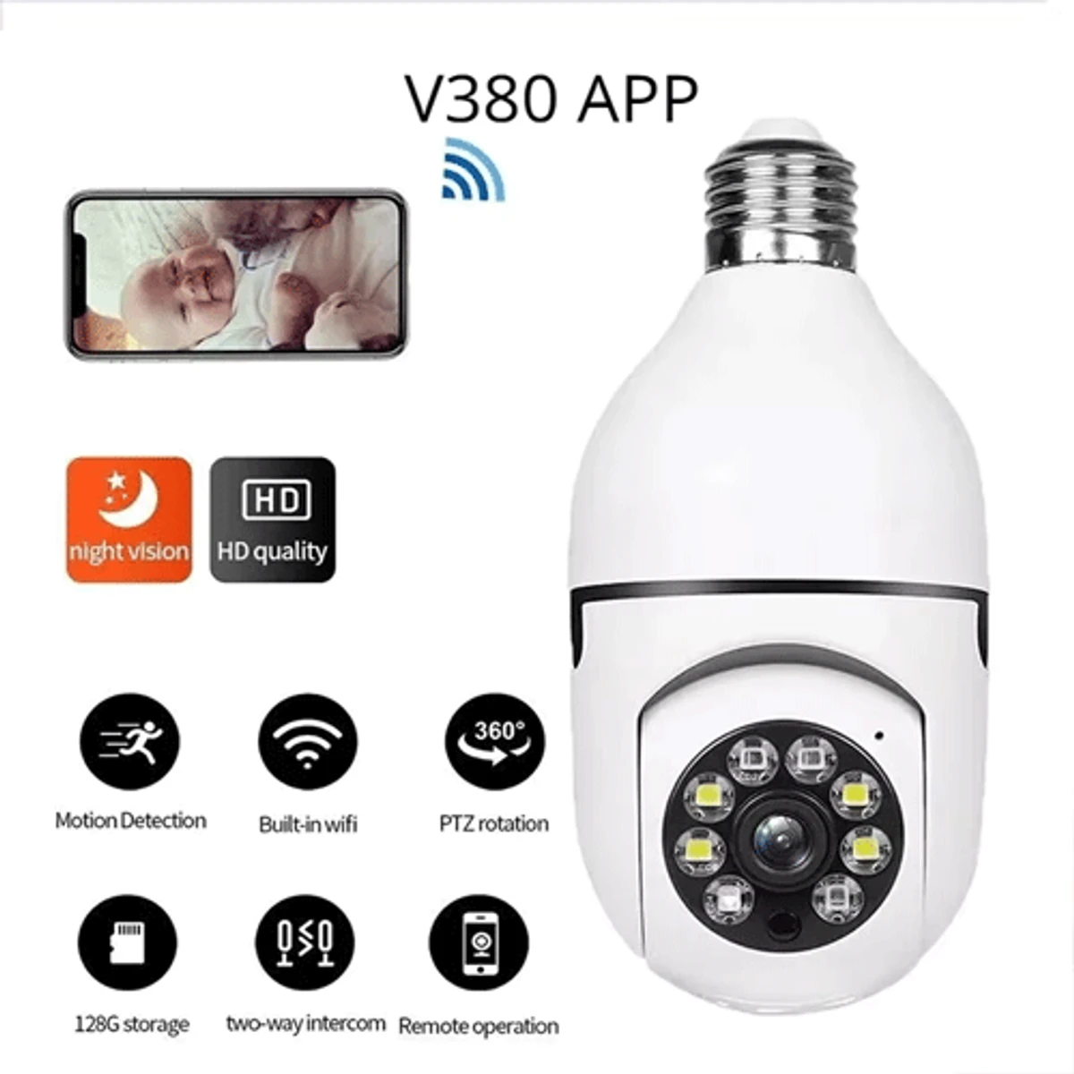 V380 bulb Voice System, Night vision, Sensor light, 360° moving WI-FI IP camera (2 year Warranty)