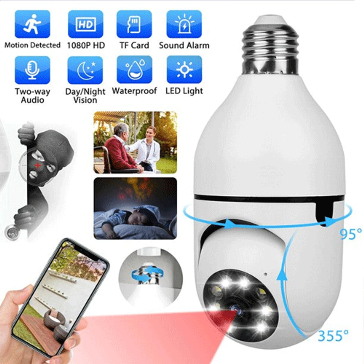 V380 bulb Voice System, Night vision, Sensor light, 360° moving WI-FI IP camera (2 year Warranty)